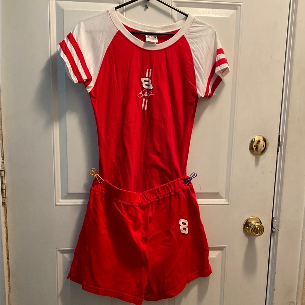 Red and White Dale Jr shorts Set with Number 8 design